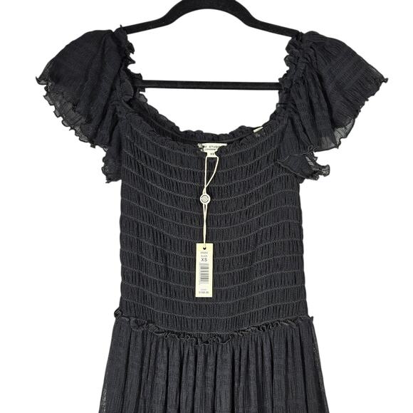 Max Studio Black Smocked Maxi Dress XS Flutter Sleeve Tiered Boho Whimsigoth - Picture 3 of 12